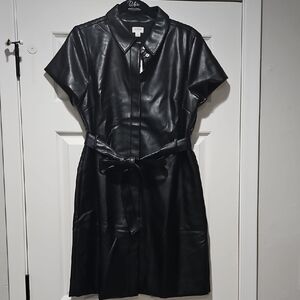 J. Crew Black Faux Leather Button Front Bow Tie Front Mini Shirt Dress 12 NEW